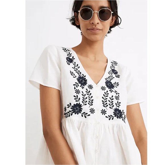 Madewell Embroidered Linen-Blend Alexandra Button-Front Mini Dress - Picture 2 of 12
